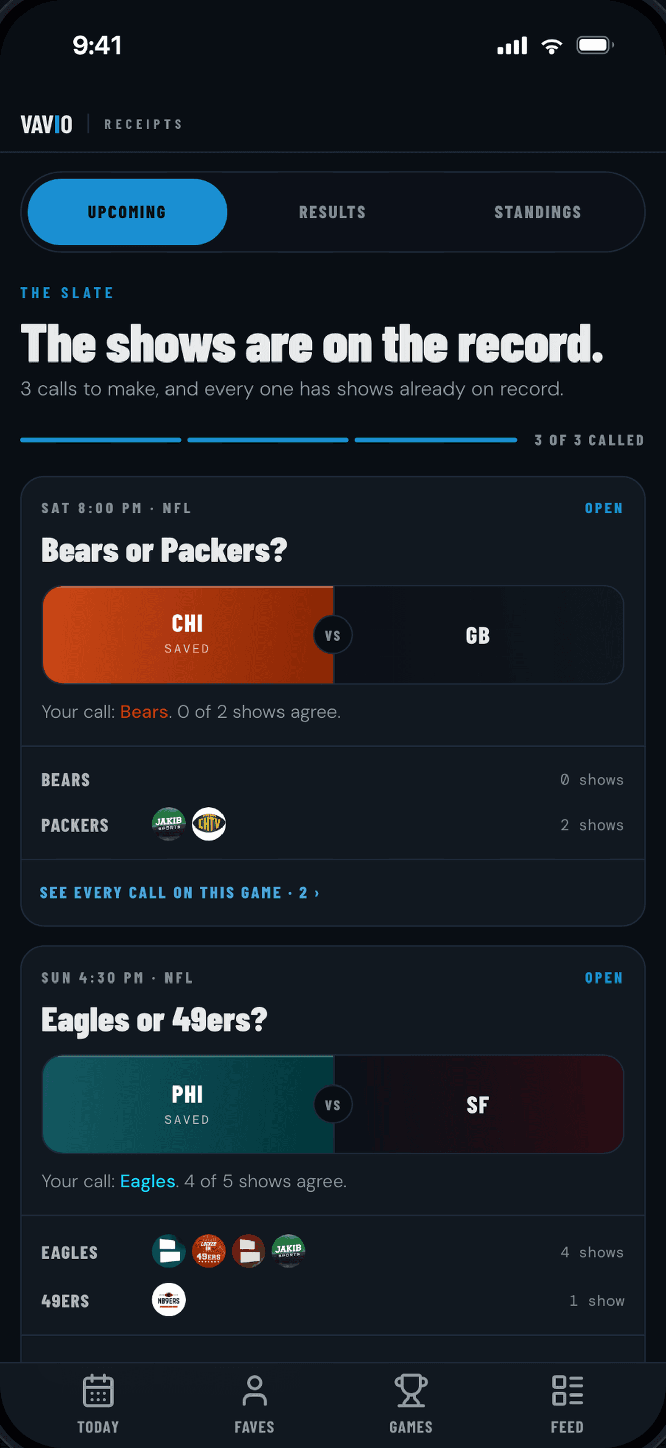 Vavio Sports pregame slate showing a fan's calls and how the shows split across upcoming NFL matchups