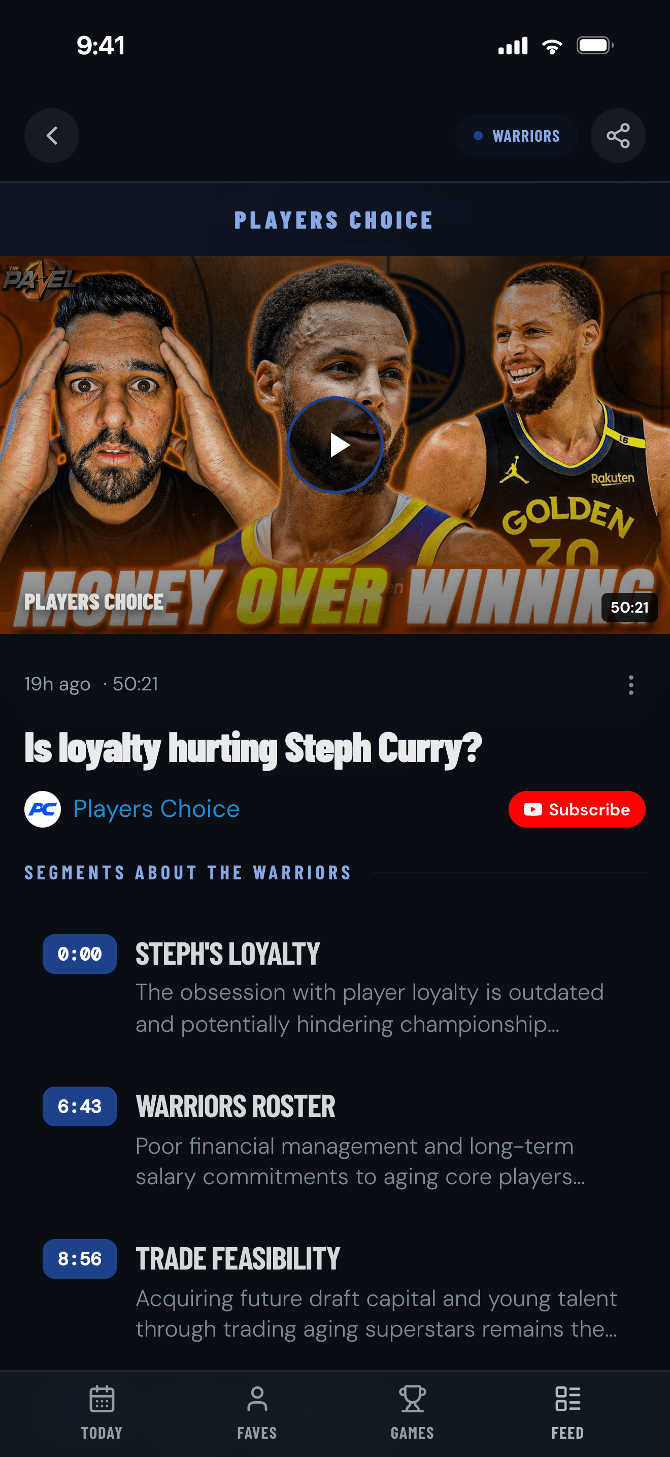Vavio Sports showing a long basketball video broken into exact timestamped takes, with Today, Faves, Games, and Feed navigation