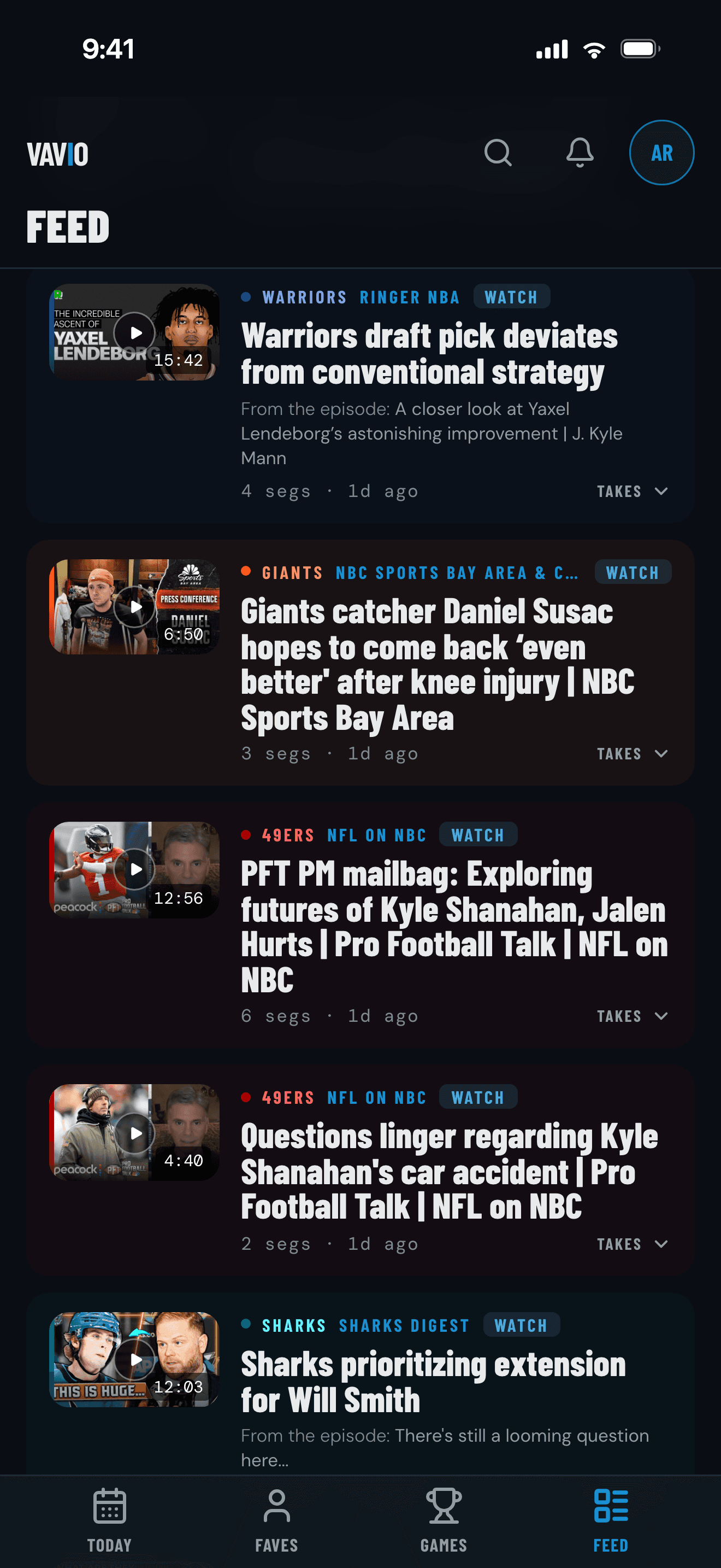 Actual Vavio Sports feed showing individual sports topics with the number of distinct takes inside each show